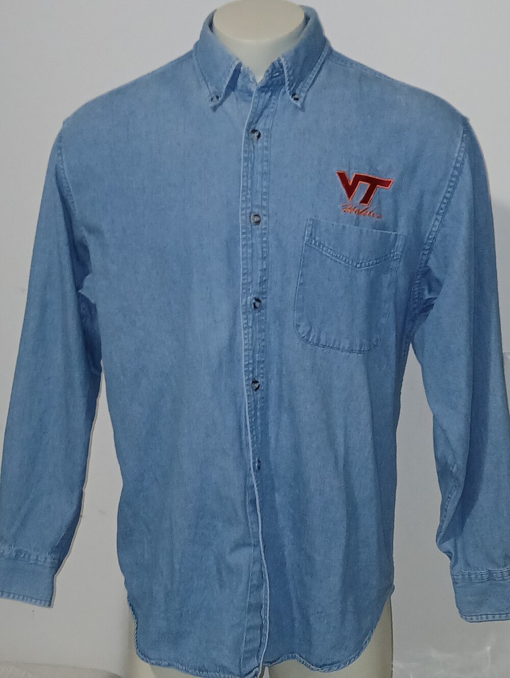Forest & Hue VT Hokies Embroidered Blue Denim Button-Down Long Sleeve Shirt L